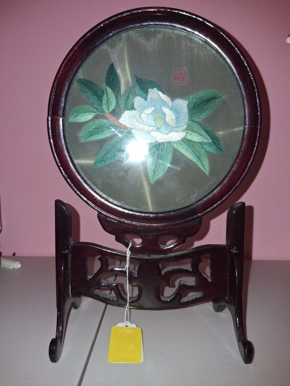Round Embroidered Floral Silk Table Screen - Green & White Flower